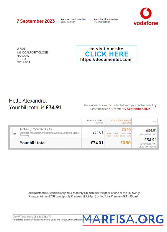 Blank UNITED KINGDOM VODAFONE utility bill Word and PDF template